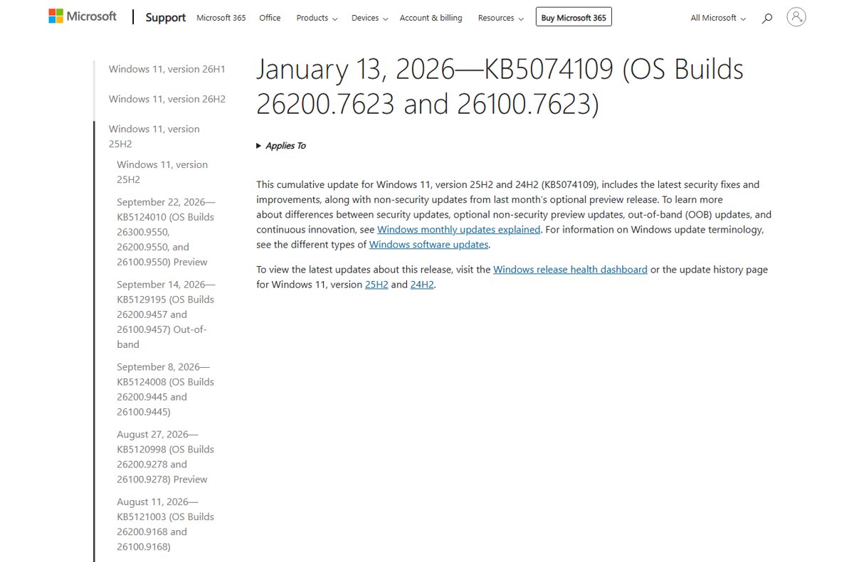 Microsoft Support release notes page for KB5074109, OS Builds 26200.7623 and 26100.7623