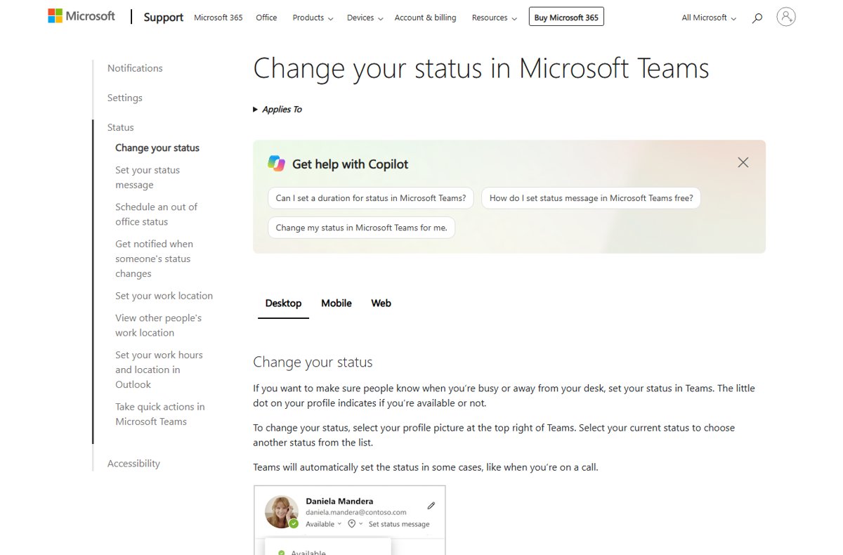 Microsoft Teams help page with profile card showing Available status