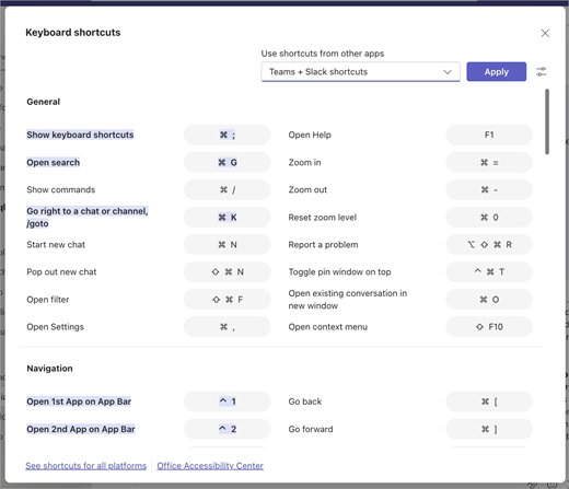 Microsoft Teams keyboard shortcuts panel on Mac