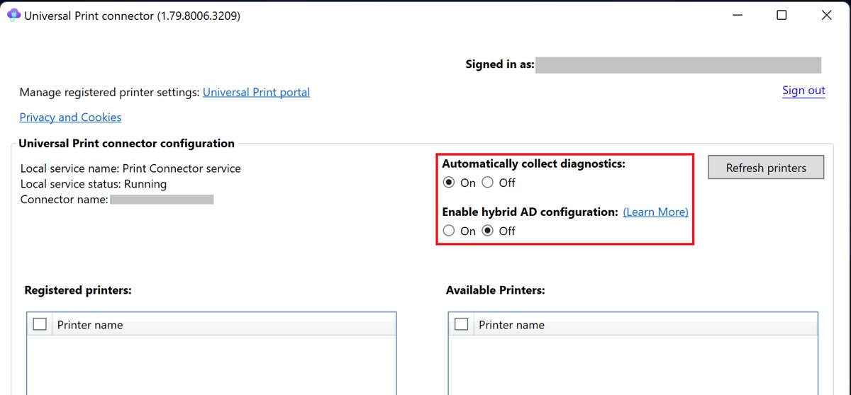 Microsoft Universal Print connector configuration window listing registered and available printers
