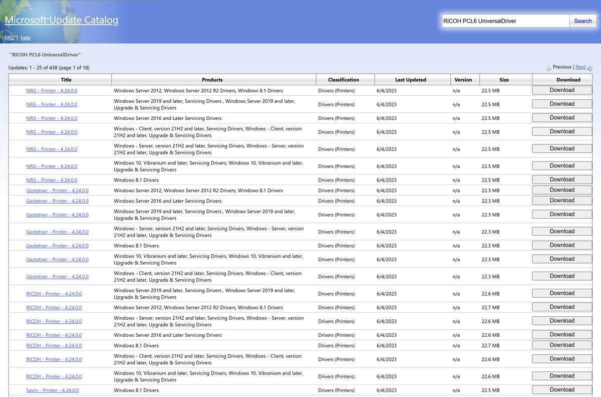 Microsoft Update Catalog results for the Ricoh PCL6 universal driver