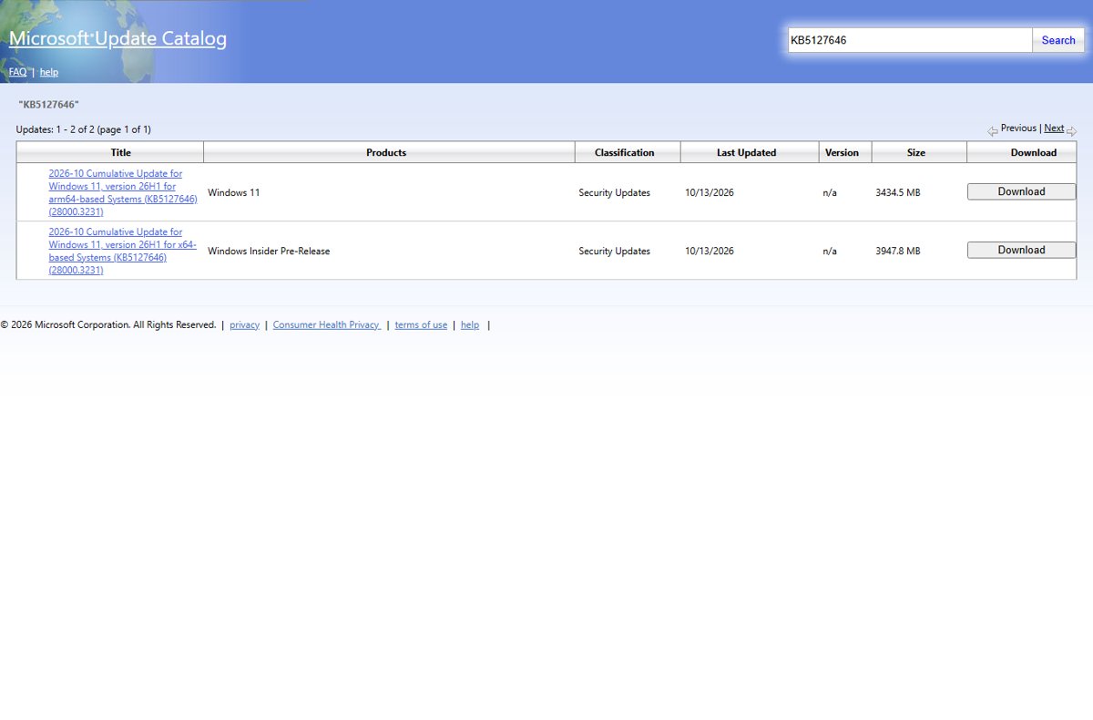 Microsoft Update Catalog search results for KB5127646 with x64 and arm64 entries