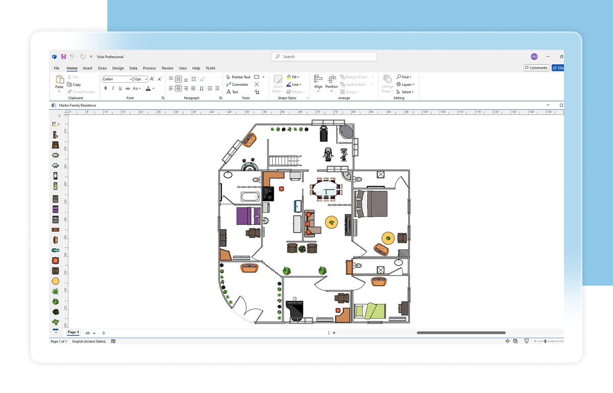 Microsoft Visio floor plan diagram of an office layout with furniture shapes