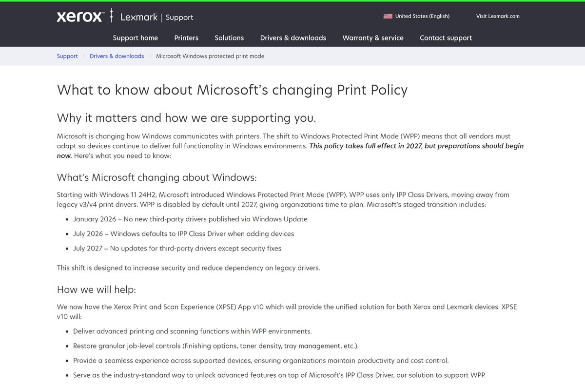 Lexmark support page on Windows Protected Print Mode and XPSE