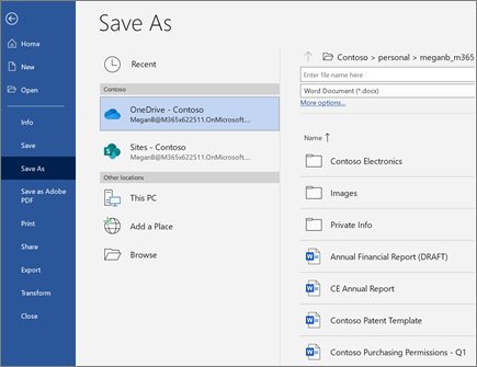 Microsoft Word basics for saving: File > Save As with OneDrive and This PC