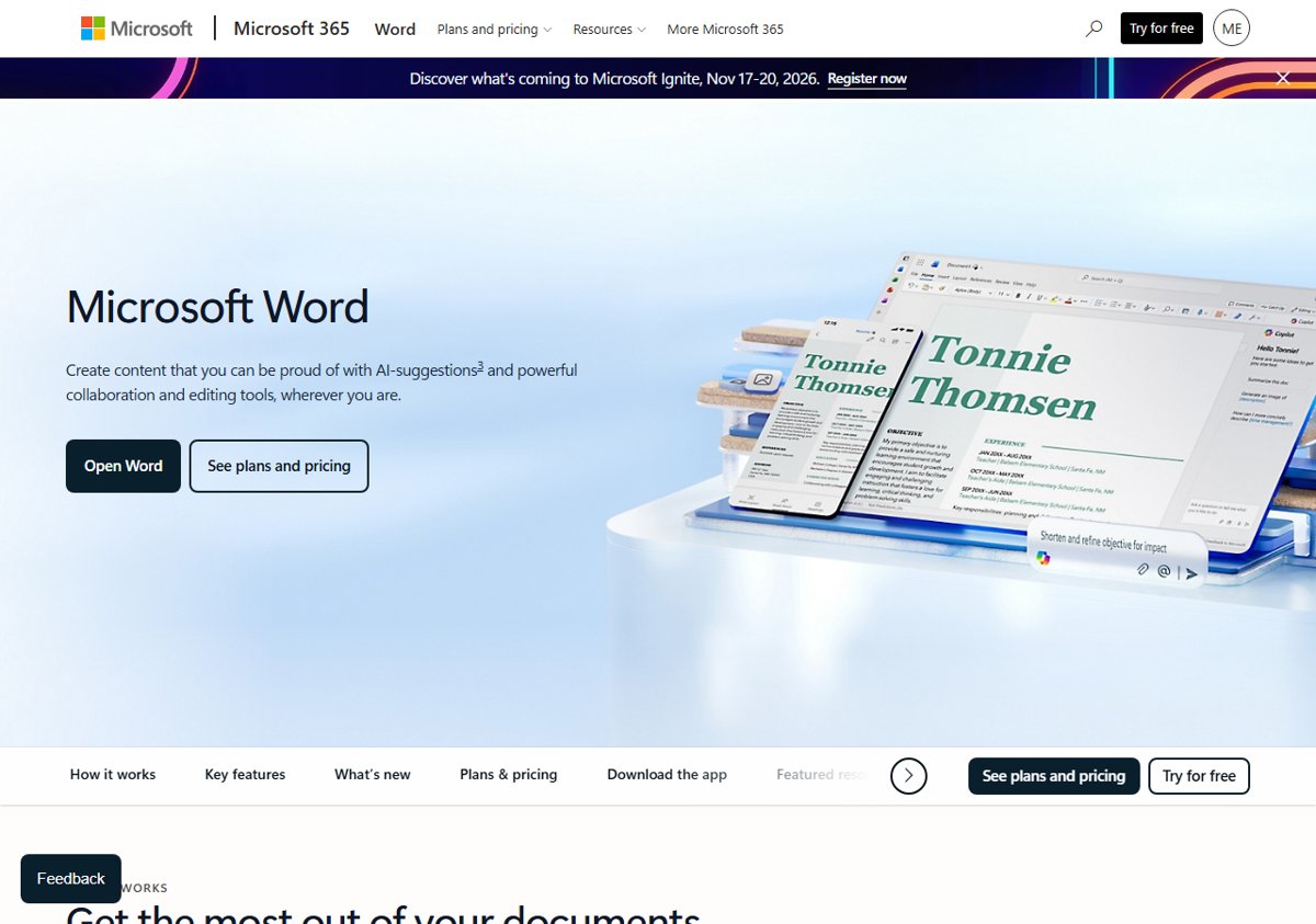 Microsoft Word product page with the Open Word button for using Word free in a browser