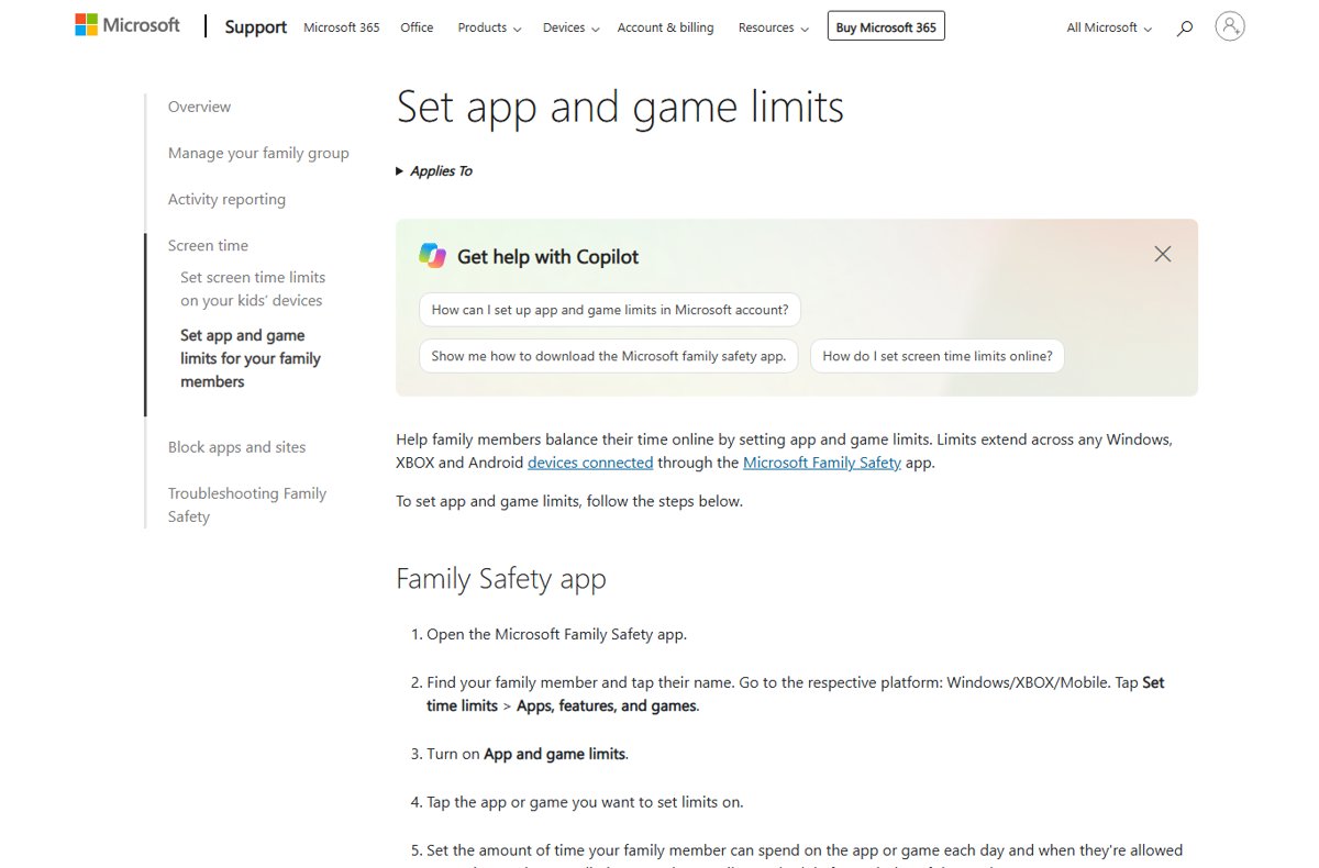 Microsoft family account app and game limits steps in Family Safety