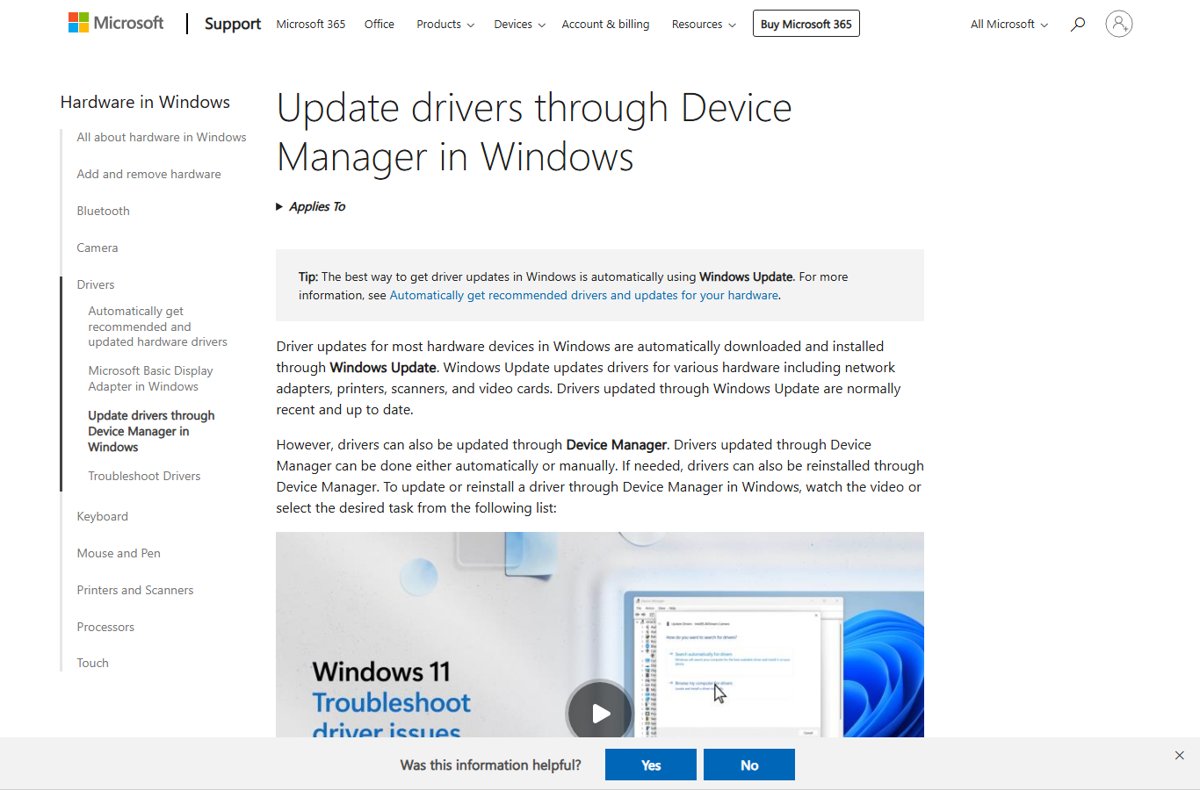 Microsoft guide for updating drivers through Device Manager in Windows