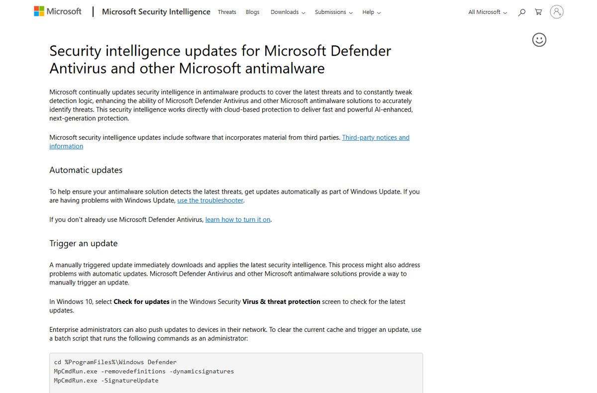 Microsoft security intelligence updates page for Defender Antivirus