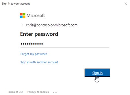 Microsoft sign-in window asking for the admin password before Exchange Online connects