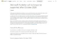 Microsoft support notice that Publisher reaches end of life in October 2026