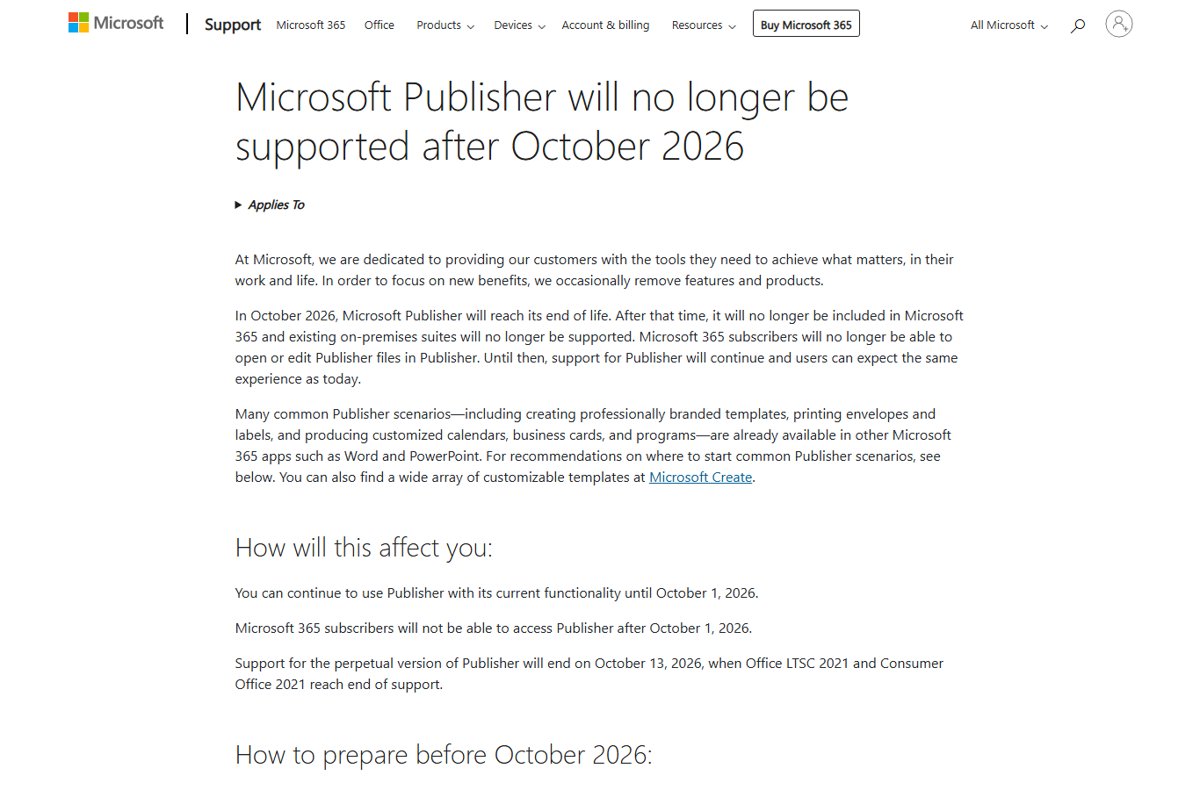 Microsoft support notice that Publisher reaches end of life in October 2026
