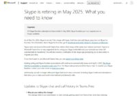 Microsoft support notice that Skype is retiring and users can move to Teams Free
