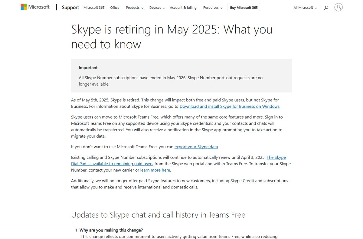 Microsoft support notice that Skype is retiring and users can move to Teams Free