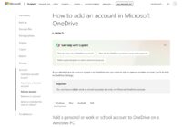 Microsoft support page for adding an account in OneDrive with Windows tab selected