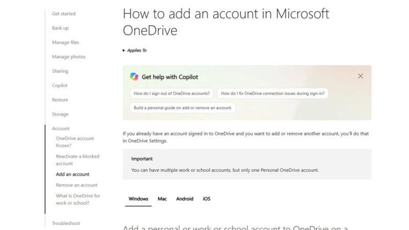Microsoft support page for adding an account in OneDrive with Windows tab selected
