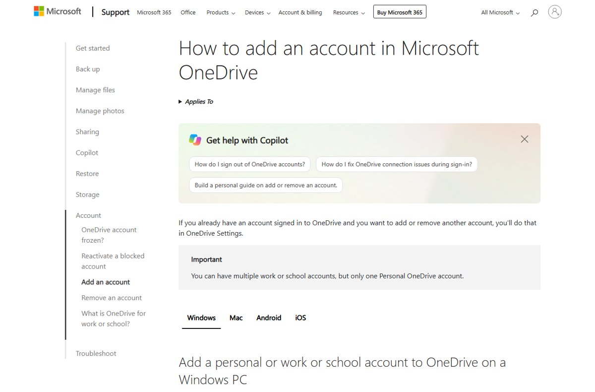 Microsoft support page for adding an account in OneDrive with Windows tab selected