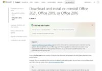 Microsoft support page for installing Office 2021, 2019 or 2016