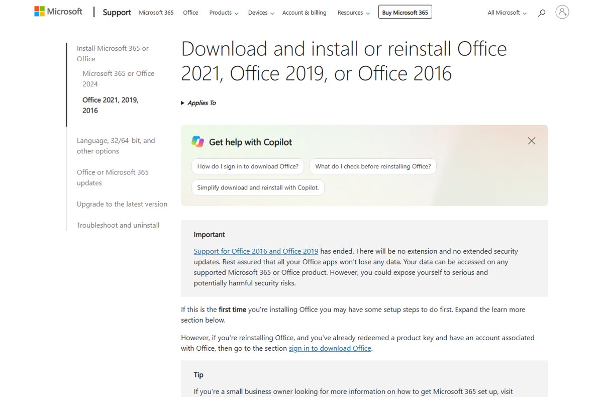 Microsoft support page for installing Office 2021, 2019 or 2016