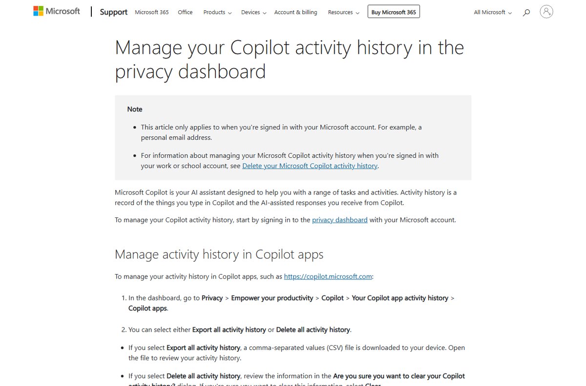 Microsoft support page for managing Copilot activity history in the privacy dashboard