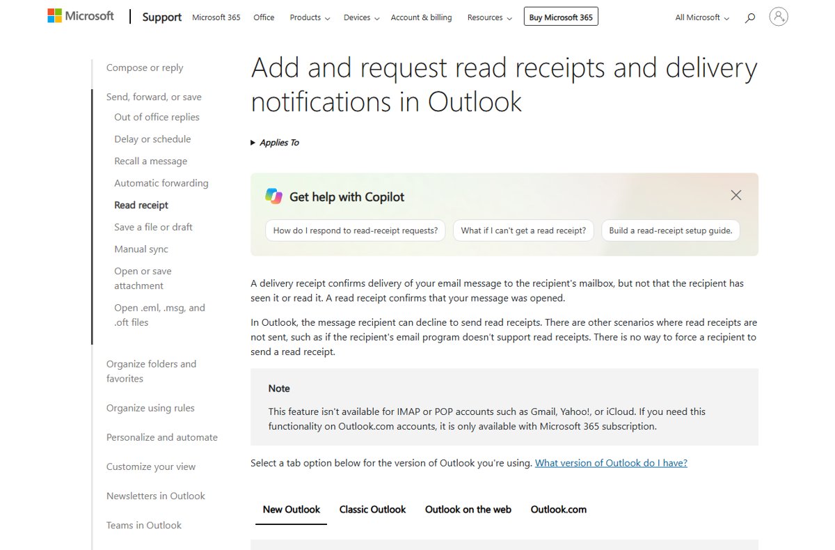 Microsoft support page on adding and requesting read receipts and delivery notifications