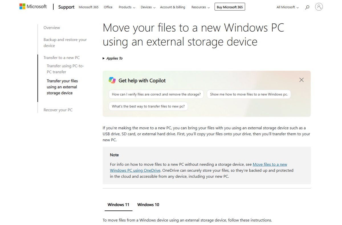 Microsoft support page on moving files to a new PC with external storage