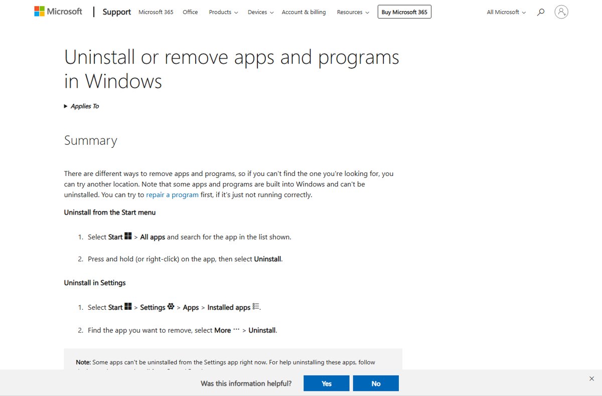 Microsoft support steps for uninstalling an app from Installed apps in Settings