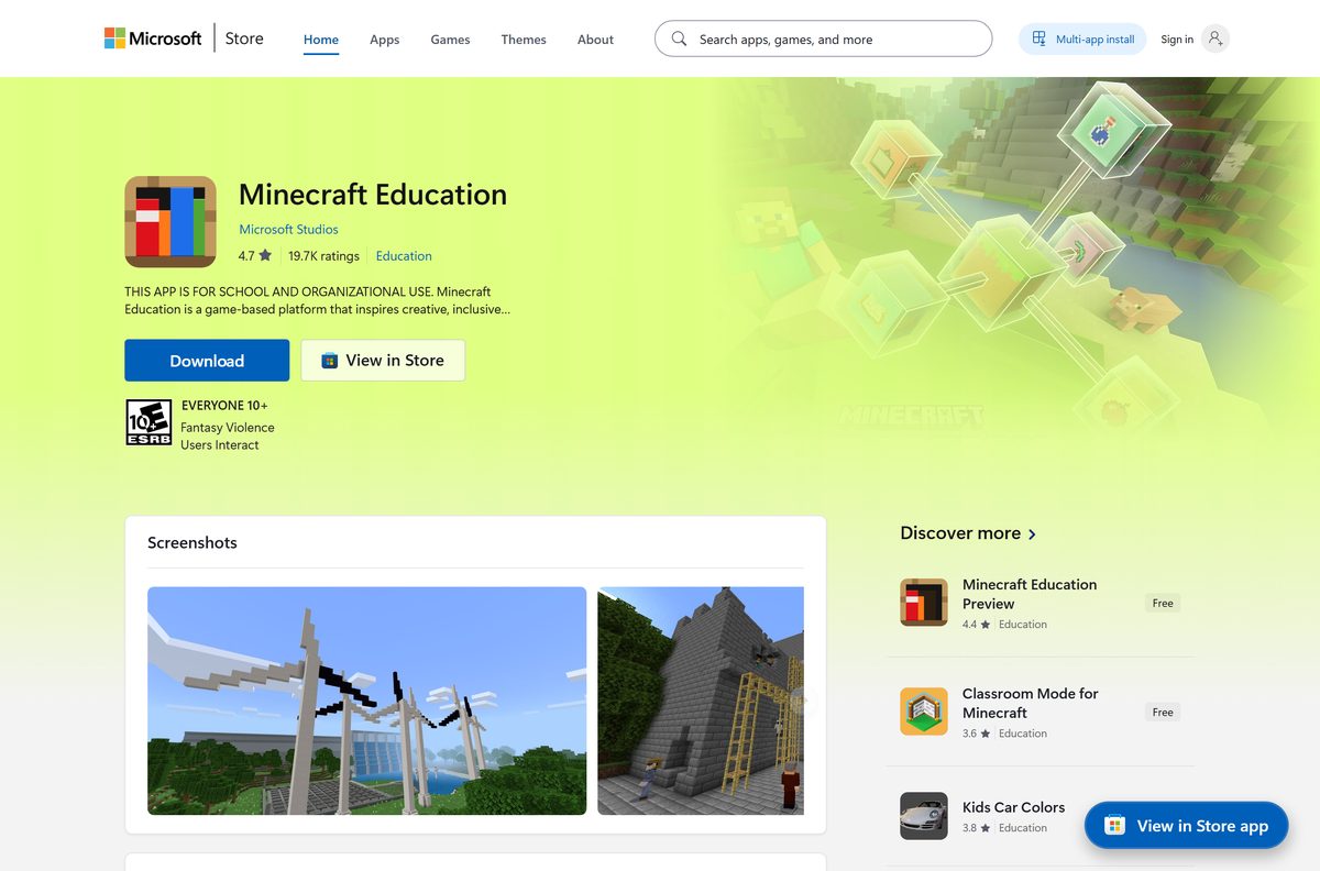 Microsoft Store listing for Minecraft Education with its Get button