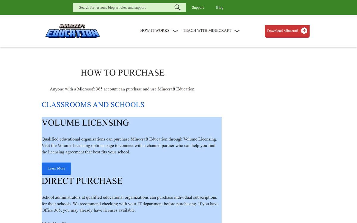 Minecraft Education licensing page with school and commercial prices