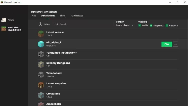 Minecraft Launcher Installations tab listing old Java Edition versions