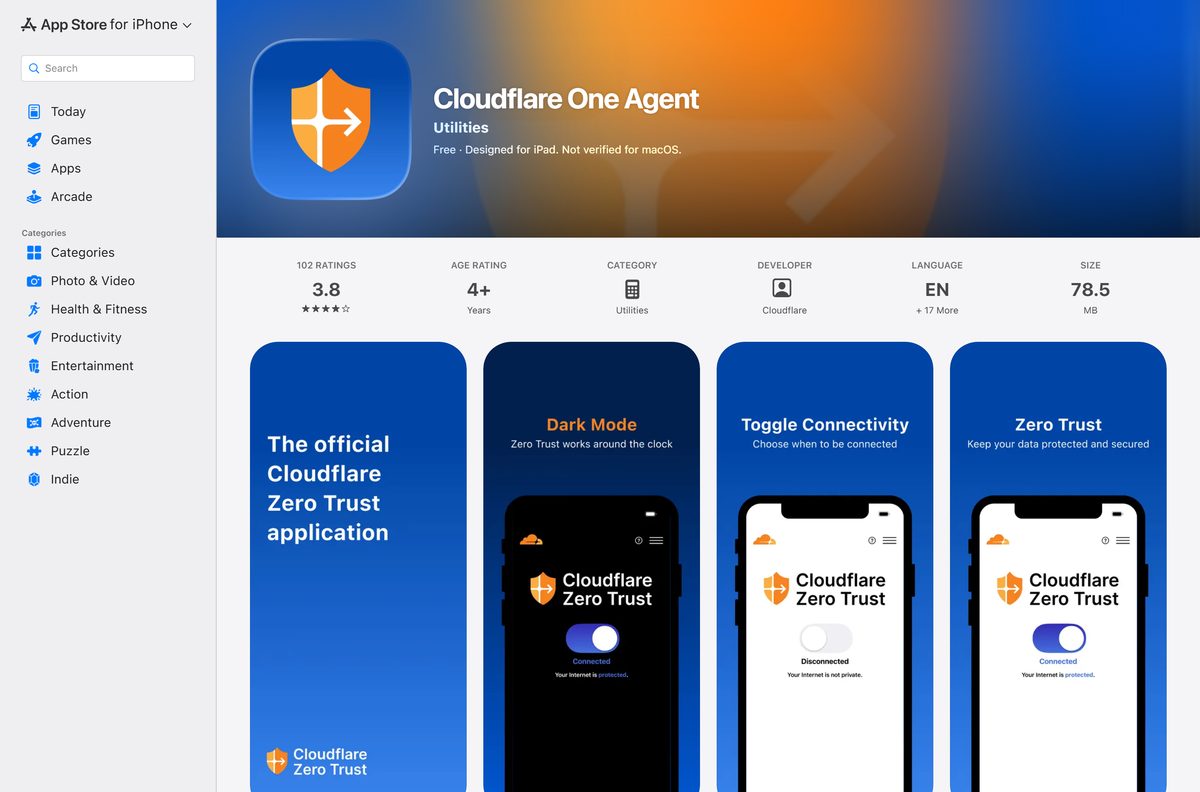 App Store listing for the mobile client that replaced Cloudflare WARP apps