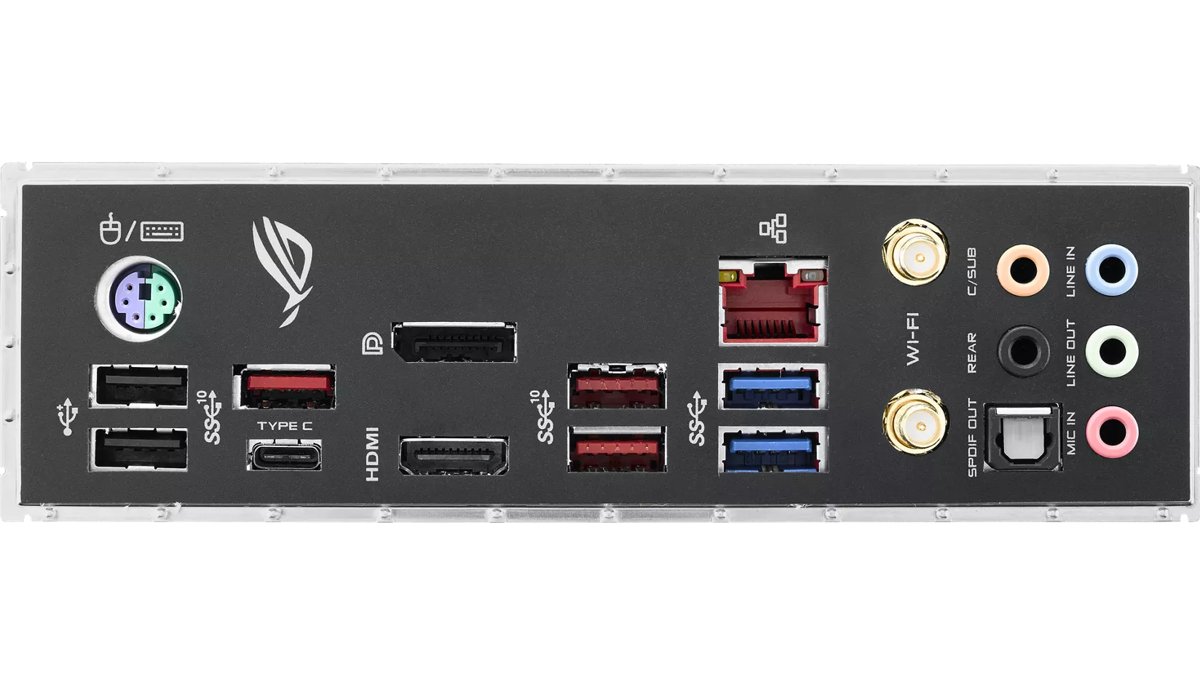 Motherboard rear I/O panel with USB, HDMI, DisplayPort, Ethernet and audio jacks