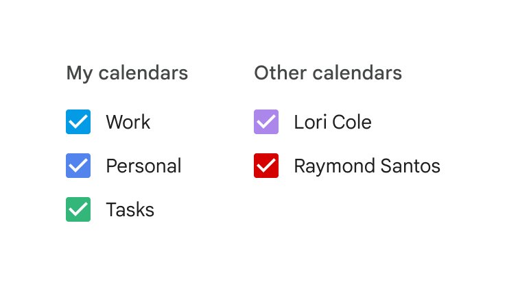 My calendars list with Work, Personal and Tasks calendars in different colors