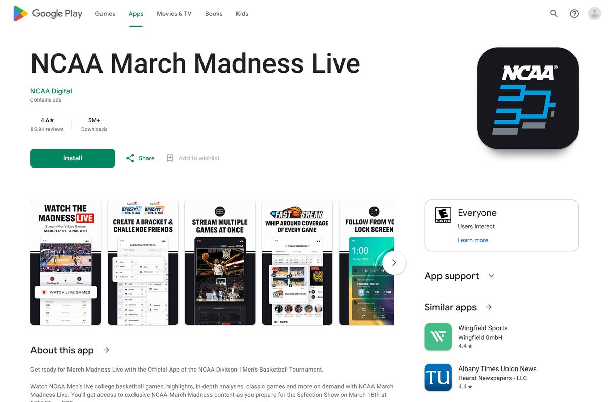 Google Play listing for NCAA March Madness Live with its downloads