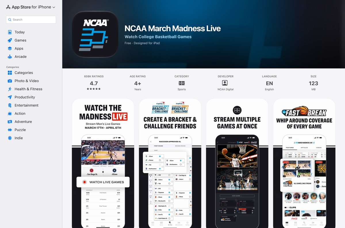 App Store listing for NCAA March Madness Live with its rating