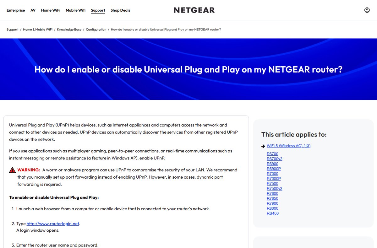 NETGEAR support article on enabling or disabling Universal Plug and Play
