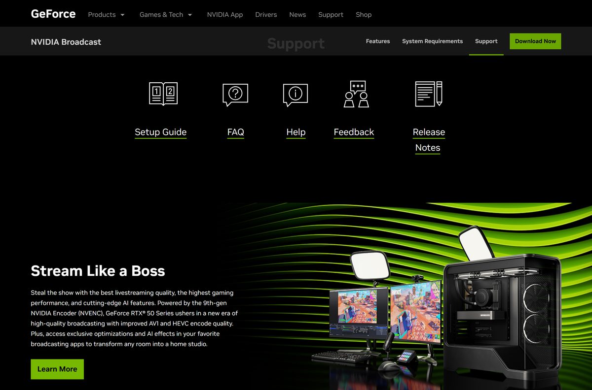 NVIDIA's support page for the Broadcast app