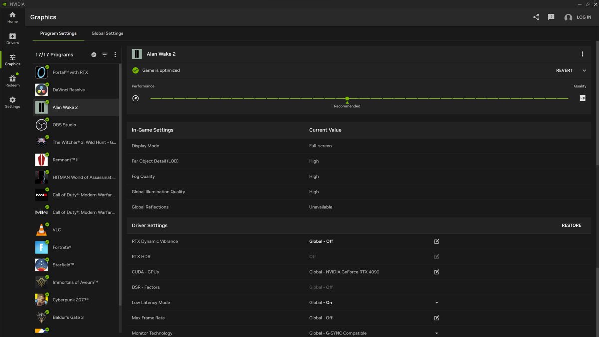 NVIDIA app Graphics page with Program Settings and Driver Settings for one game