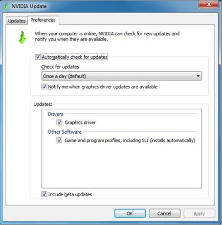 NVIDIA driver update Preferences tab with automatic graphics driver checks
