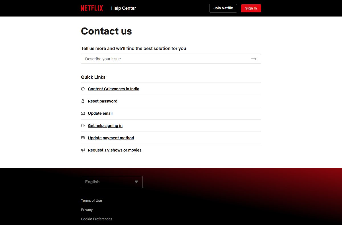 Netflix Help Center Contact us page with issue box and quick links