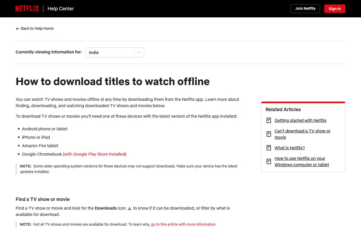 Netflix Help Center page on downloading titles to watch offline
