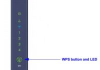 Netgear router front with an arrow pointing to the WPS button and LED