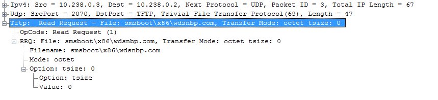 Network capture of a TFTP transfer of wdsnbp.com to a PXE client