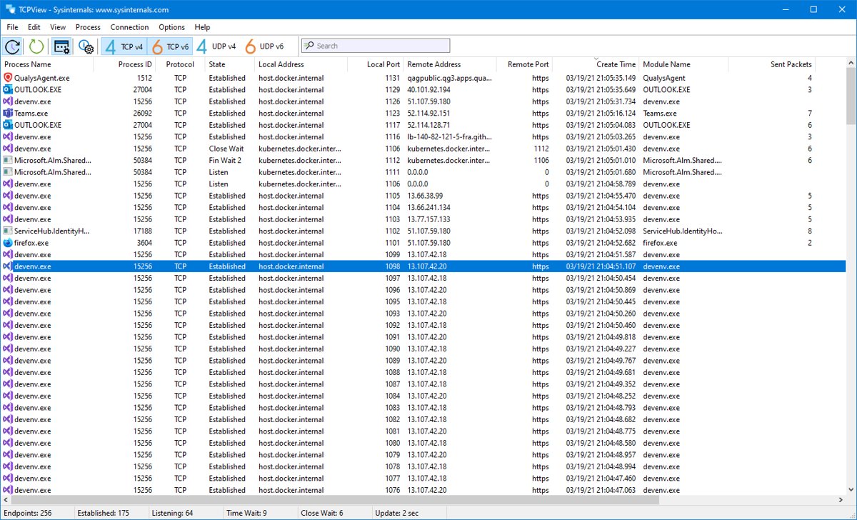 Network monitoring tool TCPView listing TCP and UDP connections with process names