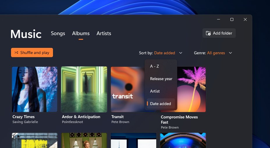 New Media Player vs Groove Music: albums sorted by Date added