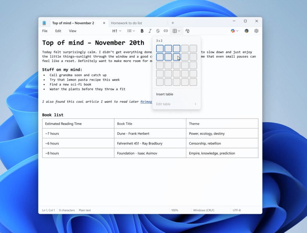 New Notepad features in Windows 11 including the table insert menu