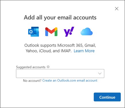 New Outlook Add all your email accounts dialog with a Continue button