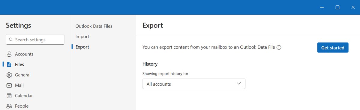 New Outlook Settings Files page showing the Export tab with a Get started button