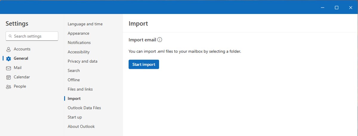 New Outlook settings with the Import page and Start import button