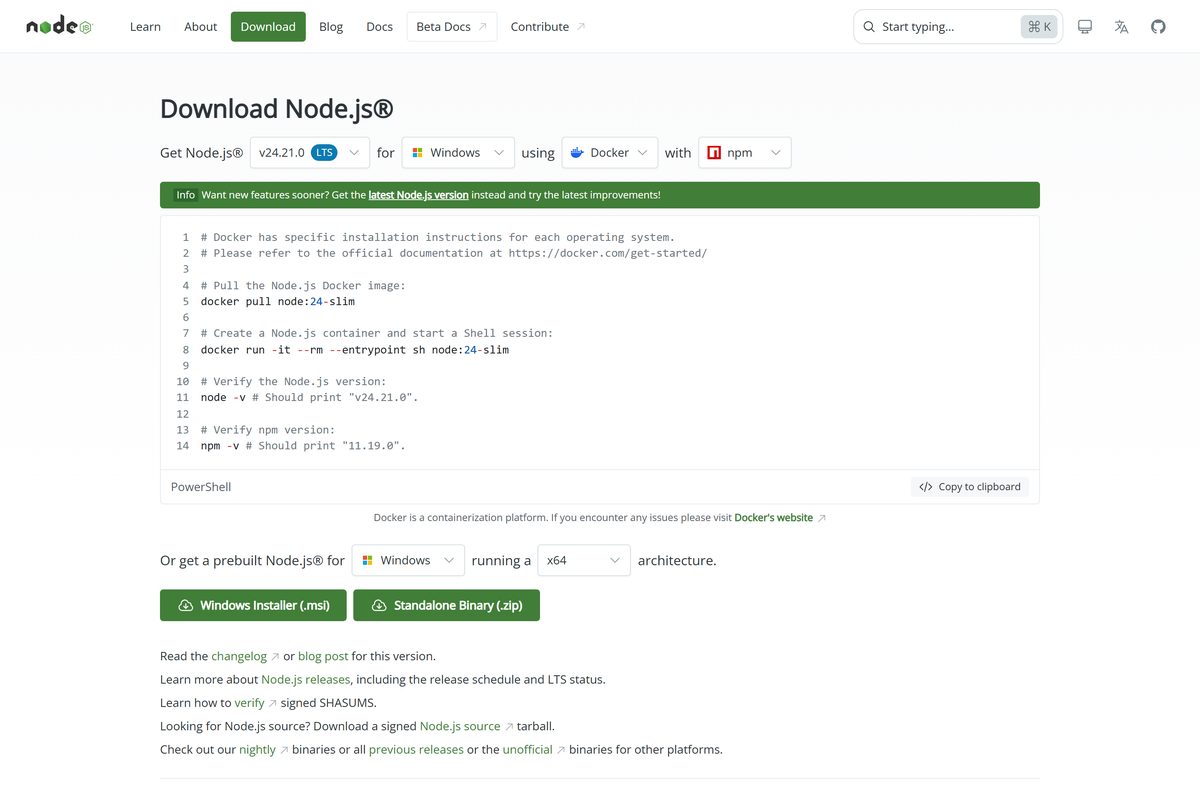 Node.js download page used before installing Angular CLI